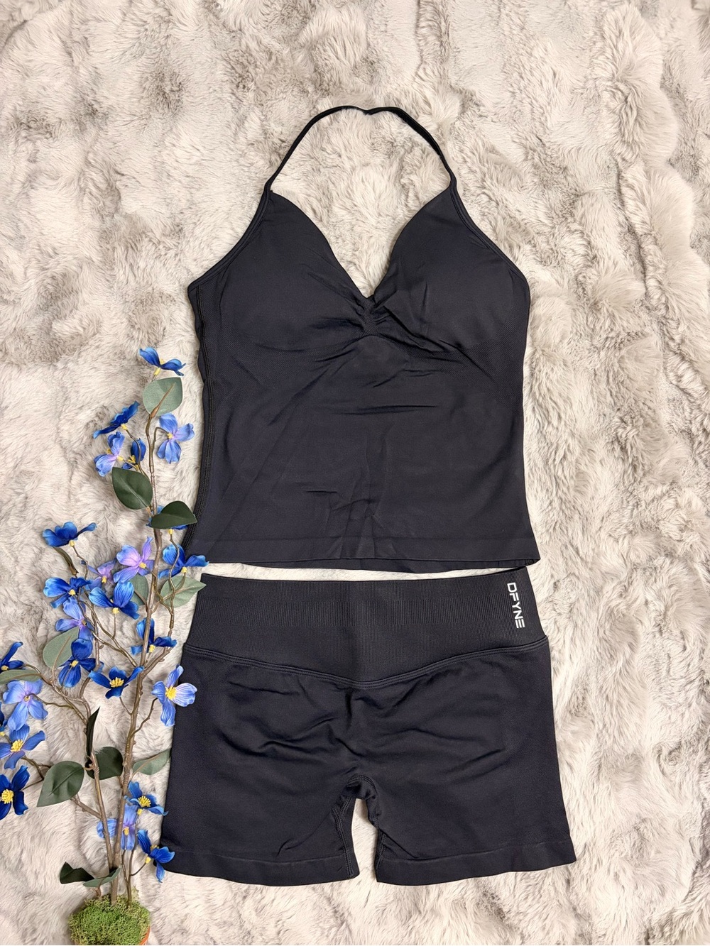 DFYNE Impact Seamless Ruched Halter Top & Shorts Set - Black Size L